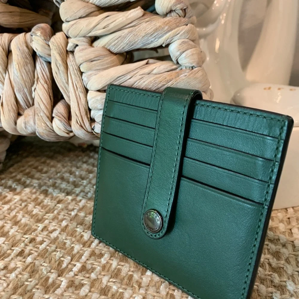 Coach Green Leather Card Holder with Snap Strap - Picture 8 of 12